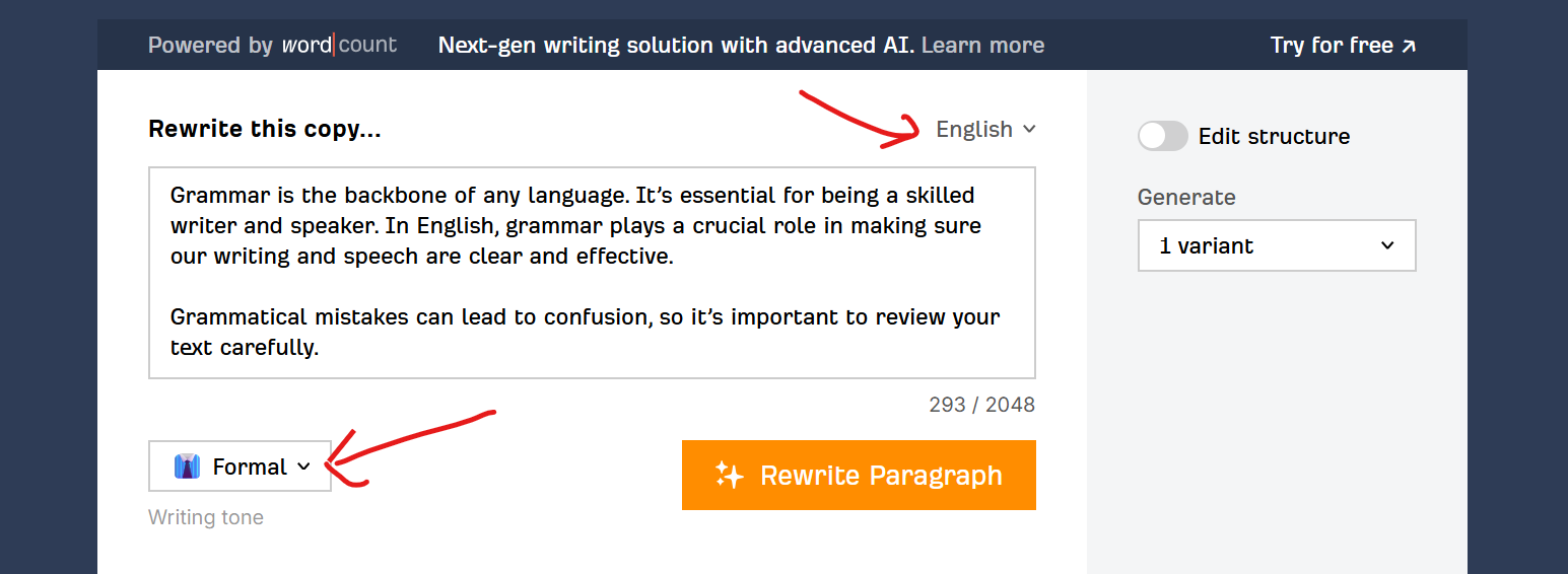ahrefs paragraph rewriter tool options