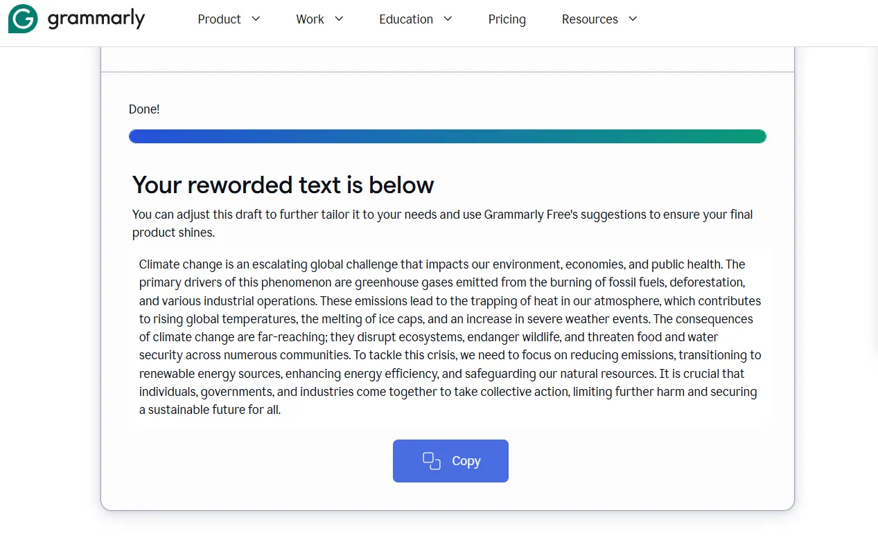 grammarly rewording result