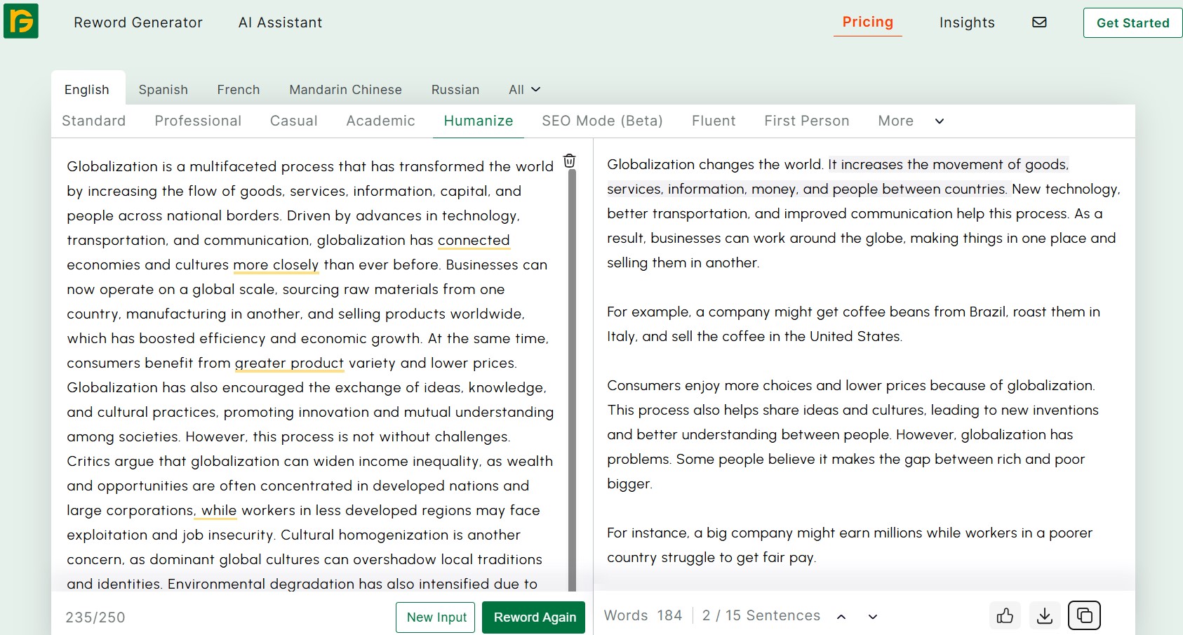 reword generator tone style