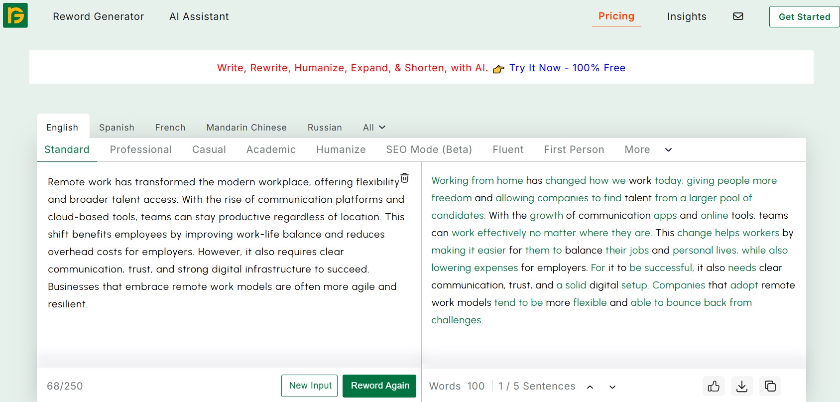 standard mode at reworder